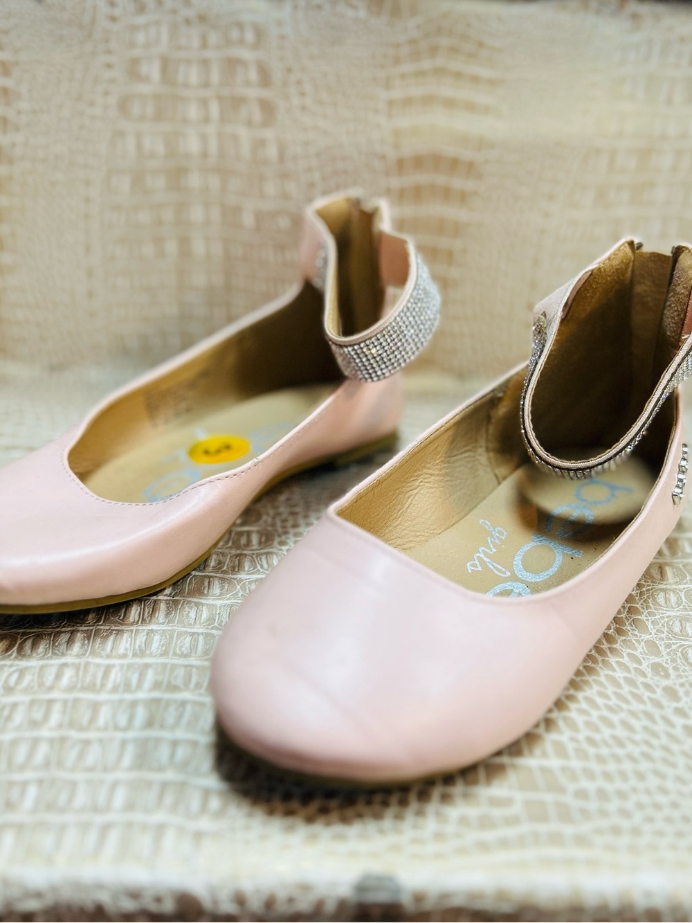 bebe Pale Pink Ballet Flats with Sparkle Ankle Strap